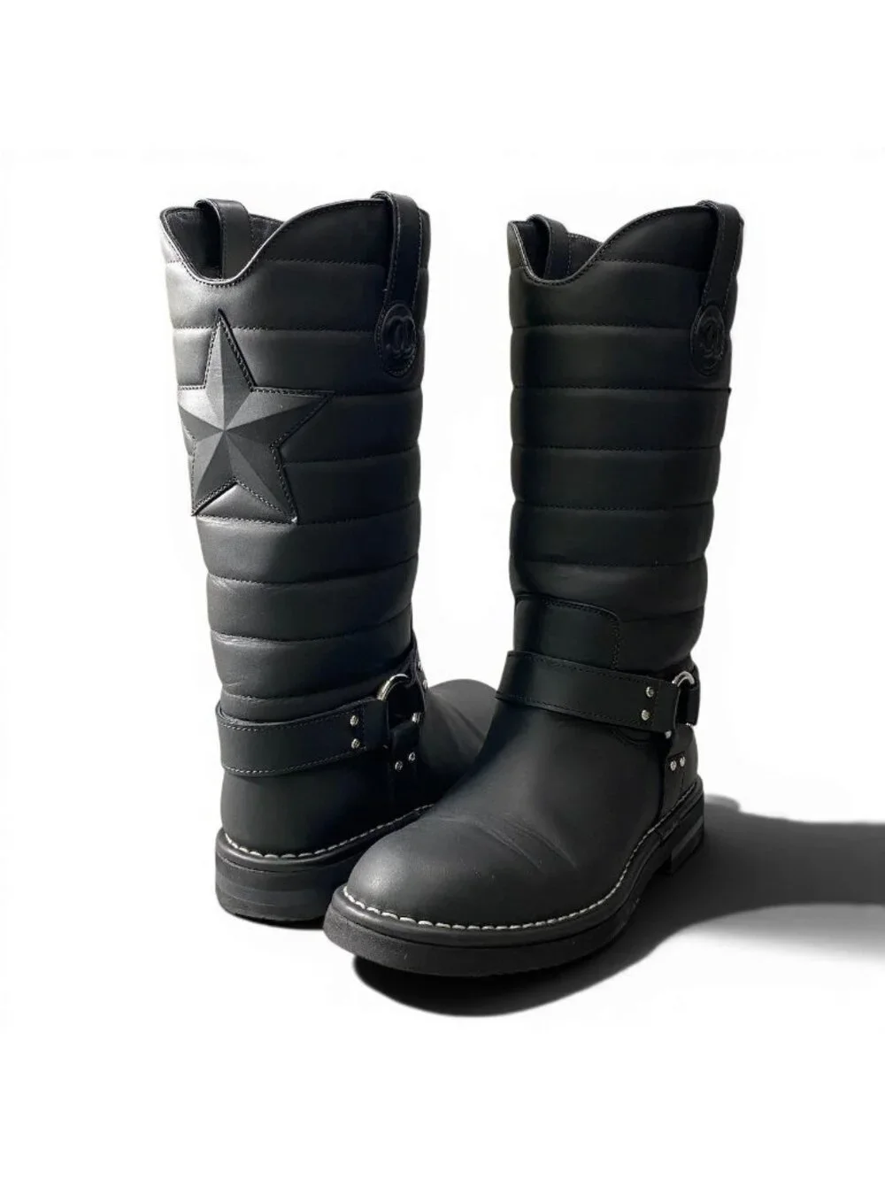 Chanel G7 Engineer Boots Star Motif Quilted Leather Black